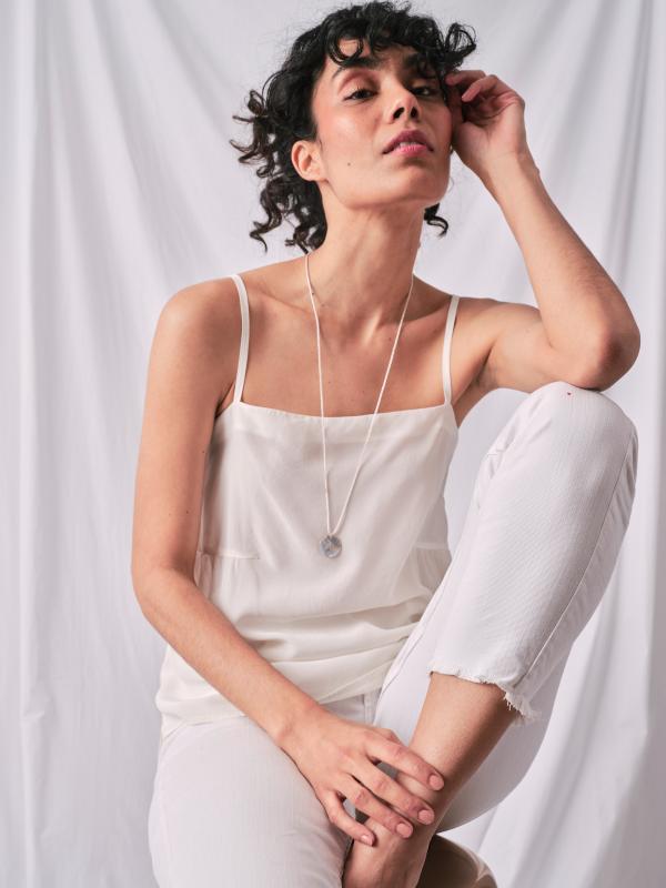 Long Collier Vintage - Composition Mixte (métal Argenté, Pâte De Verre, Bois, Nacre) - Bijou Occasion Unique